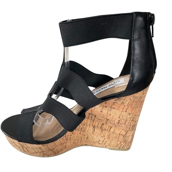 STEVE MADDEN SELINAH WEDGE SANDAL size 10 black and cork zipper back - Picture 4 of 15